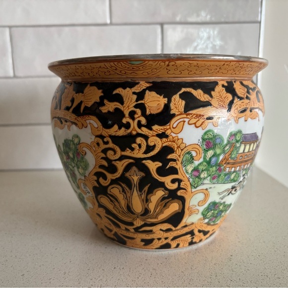 Large 19th Century Chinese Familie Rose Jardinere Planter Hunting Qianlong Mark - Picture 4 of 8